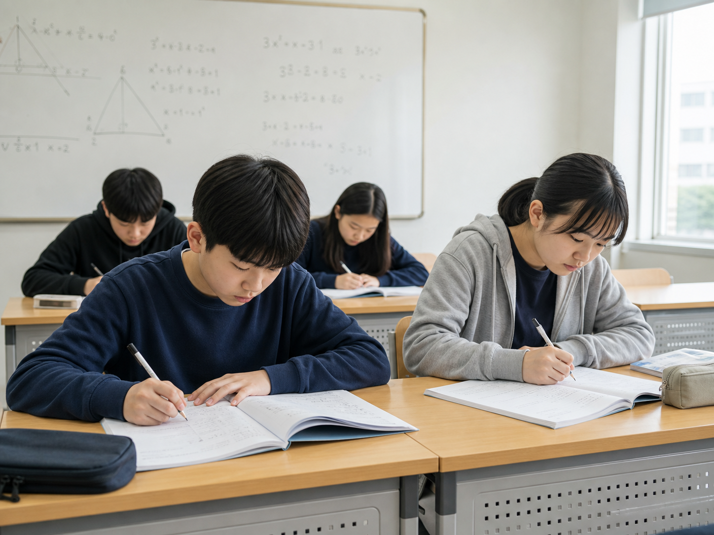 차분한 교실에서 수학 문제를 풀고 있는 중학생들